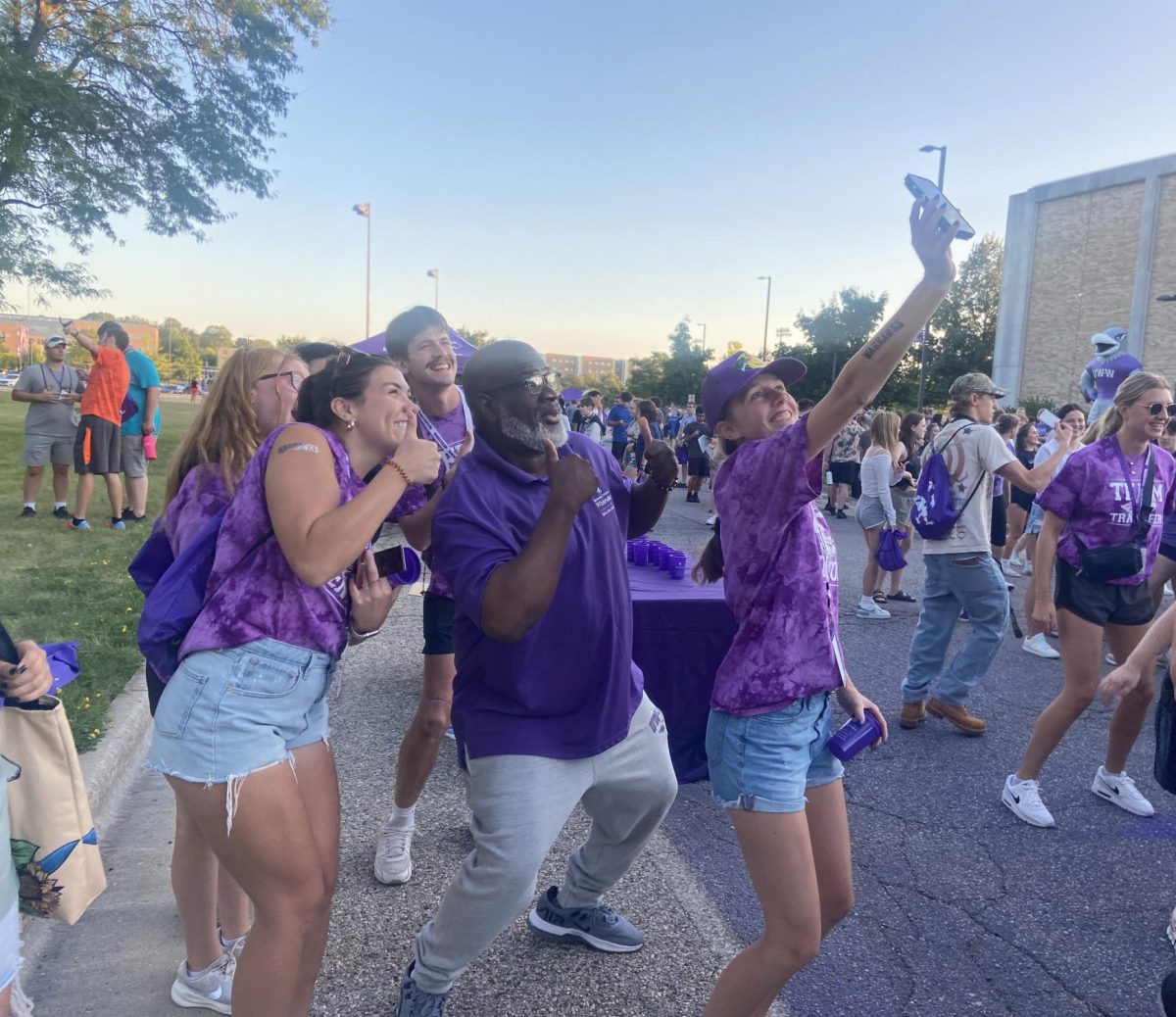 Chancellor Corey King poses with some of the Peer Mentors during Hawk Fest, Warhawk Dr., Sept 1, 2024.