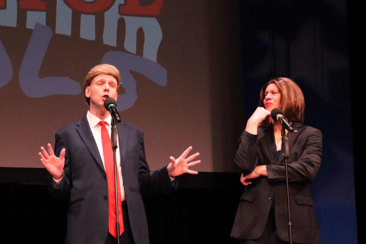 (left to right) Kevin Corbett impersonates former President Donald Trump while Jon Bell plays Vice President Kamala Harris for the performance Capital Fools , Friday evening, September , 20, 2024.