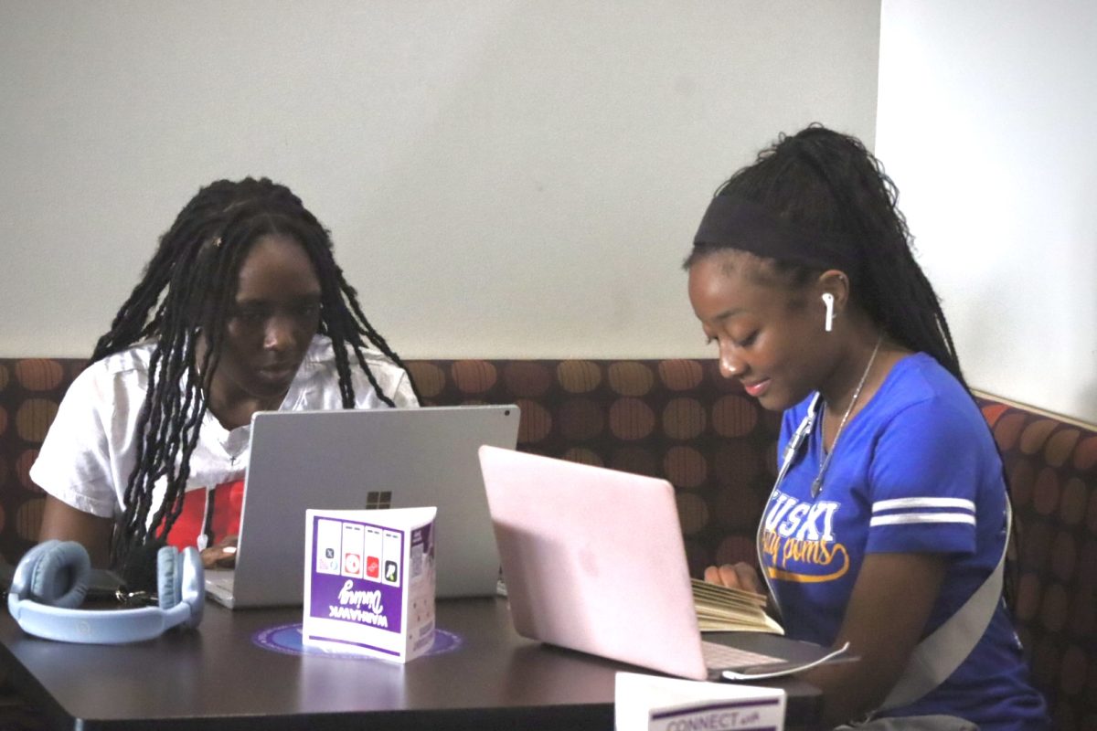 Sophomore Biology Major Nacyiah Owens and Freshman Psychology major Gina Manefor study by the Minneiska Lounge in the James R. Connor University Center, Sunday September 29, 2024.