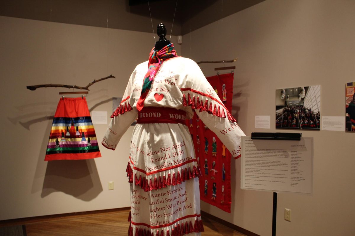 A piece titled "Love Beyond Words" dress is displayed In Roberta's Art Gallery for the Unbreakable Strength an exhibit highlighting the work of artist Agnes Yellow Bear in collaboration with Race & Ethnic Studies Department, August 2024.