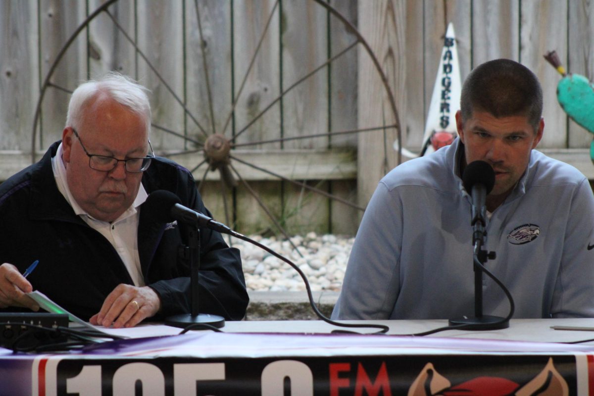 Whitewater football PA announcer Gary Douglas and head coach Jace Rindahl discuss the team at Badger Bob’s in Delavan for the Monday Night QB Club Show Sept. 23. 

