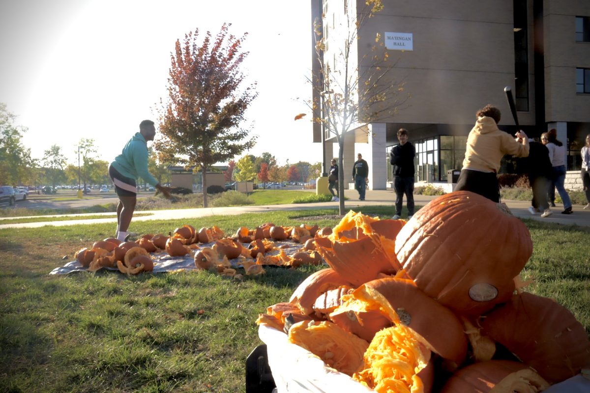 RA in Ma'iingan Hall (Resident Advisor) Issac Sawyer tosses a pumpkin shard to one of his friends as they hit it with a bat after the Halloween Havoc event near Ma’iingan Hall patio, Friday afternoon, October 18, 2024.