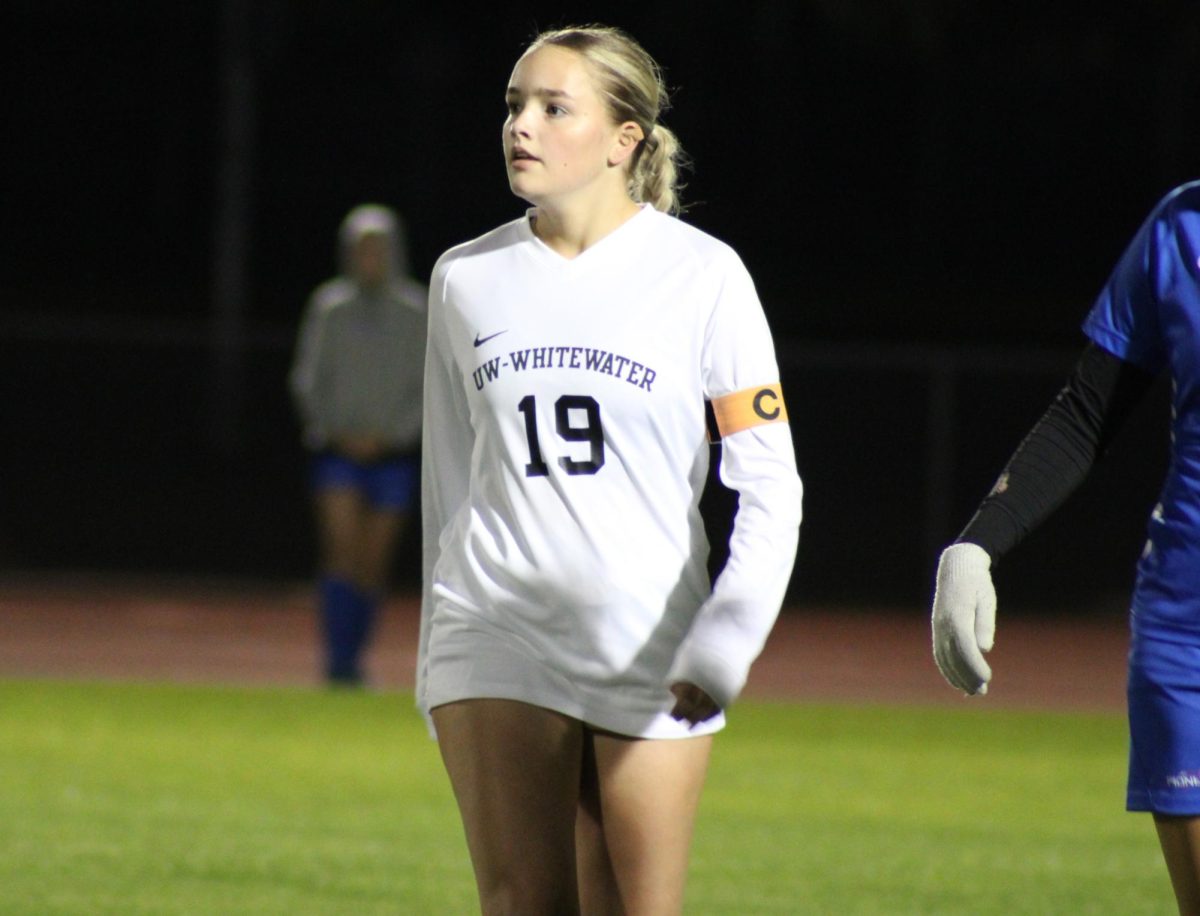 Freshman forward Jenna Laidlaw (No. 19) in a Wednesday night game against UW-Platteville. Laidlaw comes to UW-Whitewater as an international student originally from Aberdeen, Scotland.