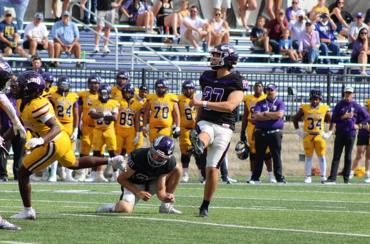 UW-Whitewater special teams player Jackson Fox(#27) kicks an extra point against University of Mary Hardin-Baylor at Whitewater’s Perkins Stadium Sept. 21 2024.
