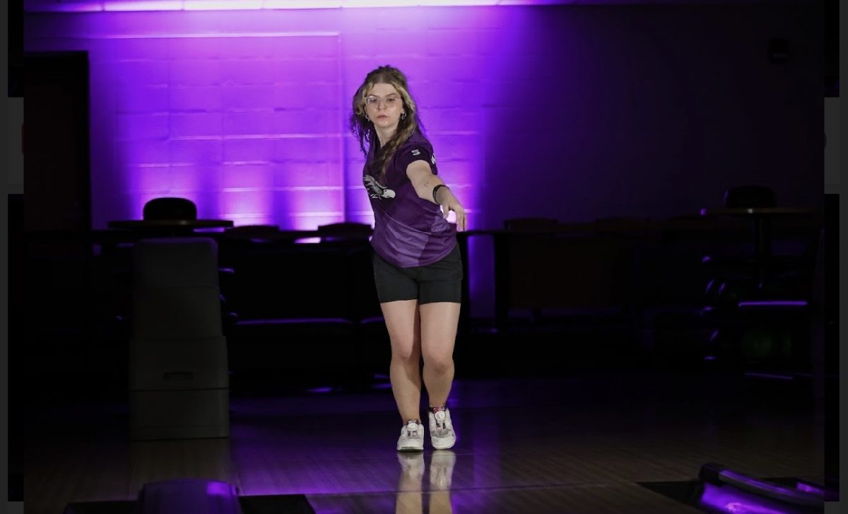 Graduate student Kayla Devine on the approach at Warhawk Alley. Devine transferred from NAIA St. Ambrose University, where she played all four years for the Bees’ bowling team.