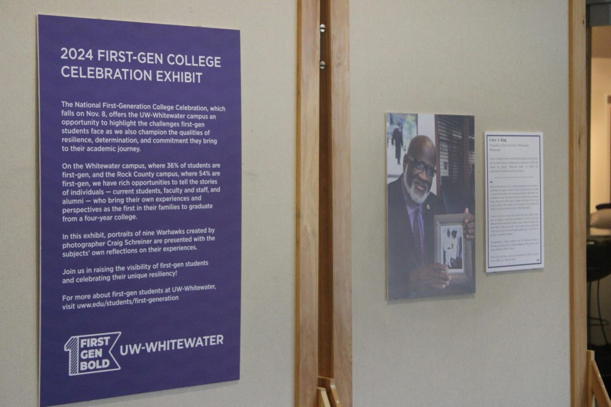 UW-Whitewater’s first generation display showcases Chancellor King’s profile in the University Center Nov. 6 2024.
