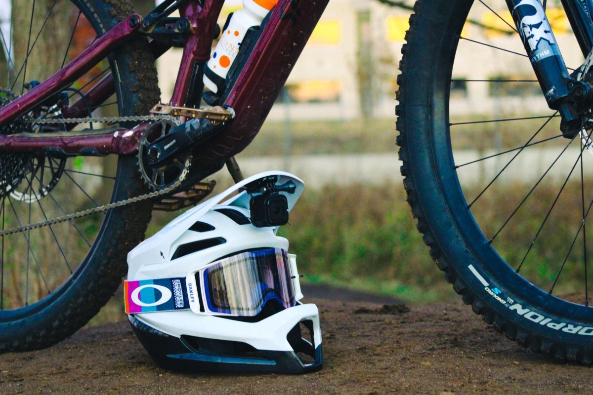 Miles Lopas’s mountain bike and helmet at the Palmer Urban Mountain Bike Park, Nov 7, 2024.