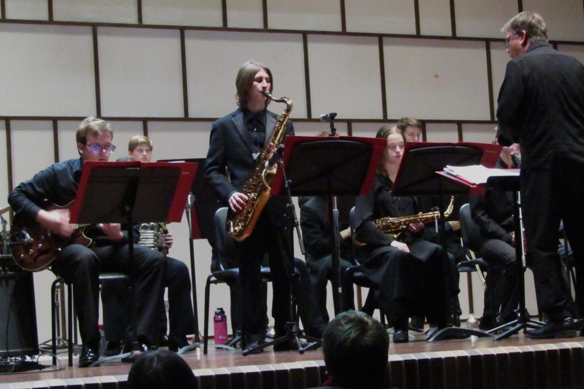 UW-Whitewater tenor saxophone player Mitchell McCurry plays a solo during the UW-Whitewater  Jazz Ensemble II concert in Light Recital Hall,  Nov. 12, 2024.  