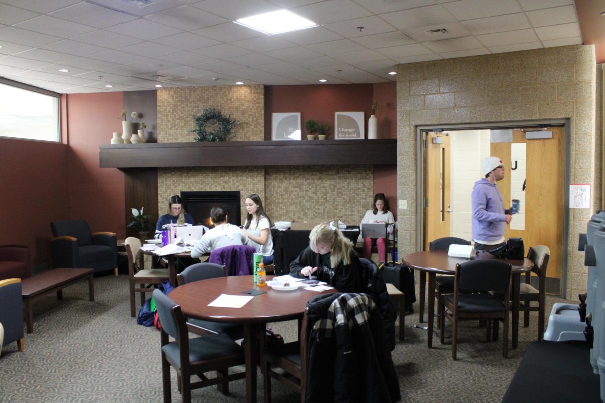 Rock County students and staff working in the campus's Fireplace Lounge, November 20, 2024.