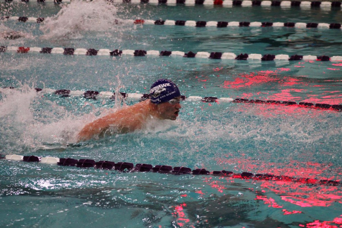 UW-Whitewater swimmer competing in the butterfly event, Nov 8th, 2024.