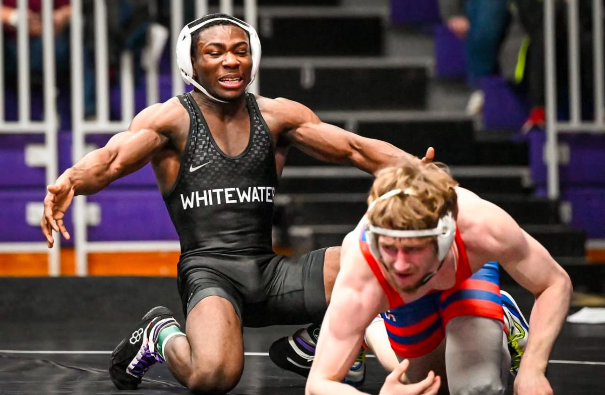 UW-Whitewater wrestler Jalen Dunson wins a 125-pound match by fall against UW-Platteville, Feb. 1, 2024.