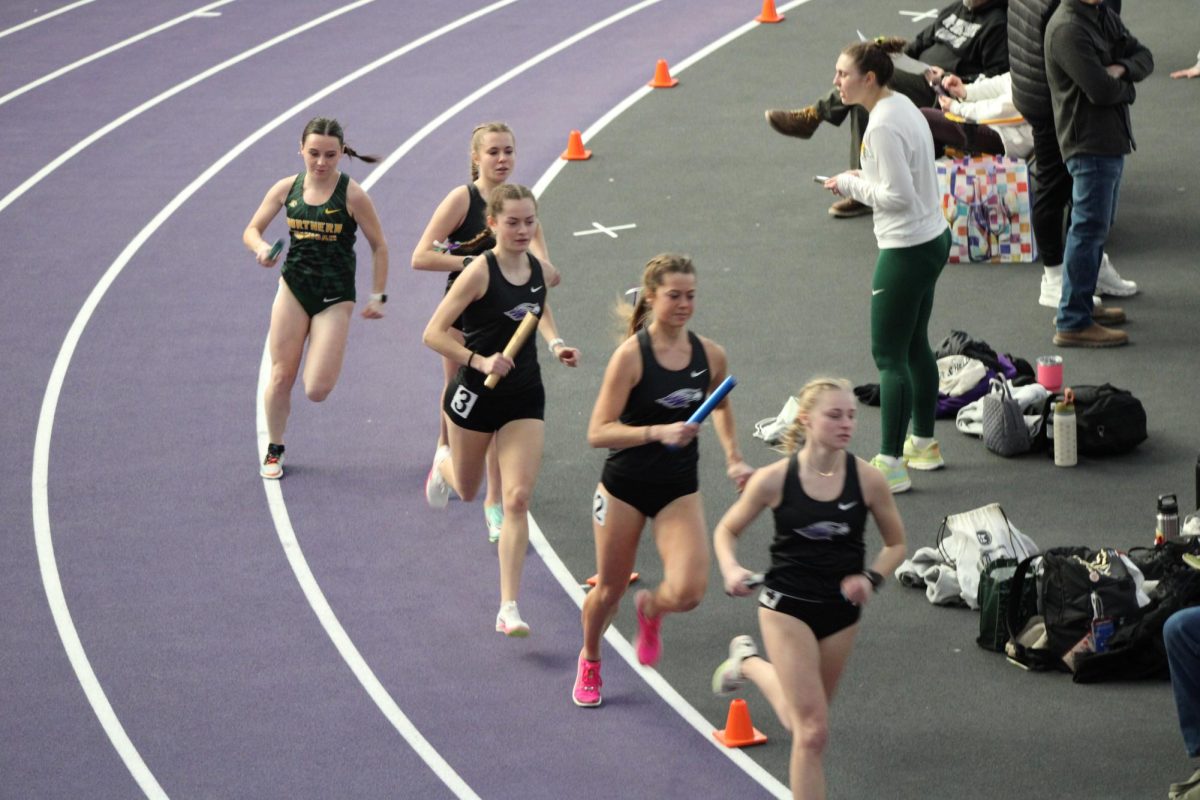 UW-Whitewater's Women’s track and field run in the medley relay in UW-Whitewater’s Williams Center at the Karl Schlender Invitational, Jan. 25 2025.