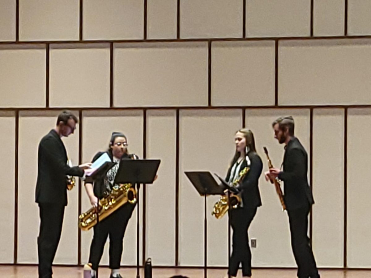 The Basement Quartet performing a concert in Light Recital Hall:
Cameron Vinson on soprano saxophone,
Austin Kappel on alto saxophone, Callie Barbeau on tenor saxophone, and Angela Jacoby on baritone saxophone, Jan. 31, 2025.
