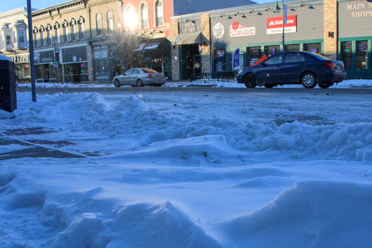 Gusty winds kick up snow causing small snow drifts to appear on the ground and snowflakes to fly through the air.
