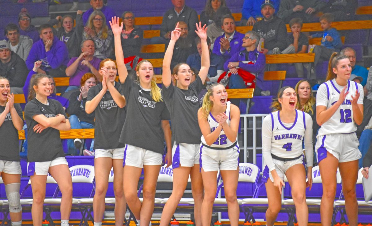 UW-Whitewater Women’s Basketball team cheers as they advance the score of the game against UW-Stevens Point on January 29th, 2025 in the Kachel Fieldhouse Gymnasium. 