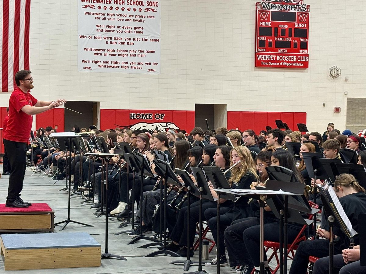 The students participating in the Bandorama playing their instruments in the Whitewater High School Main Gym, February 15th 2025.