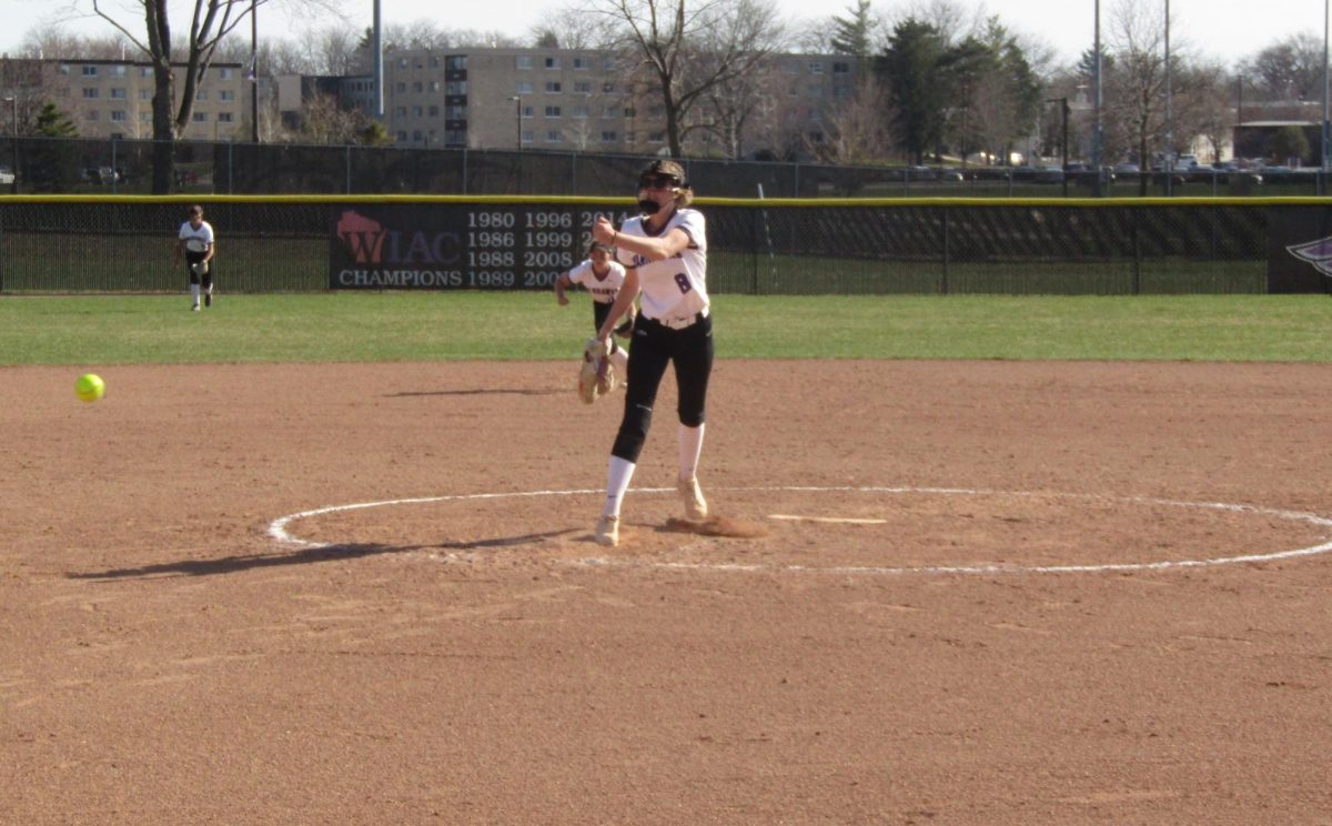 UW-Whitewater Warhawks softball player Rhiann Dick pitches against UW-Stout in the second game of the double header at Whitewater’s Van Steenderen Complex Apr. 13 2024.