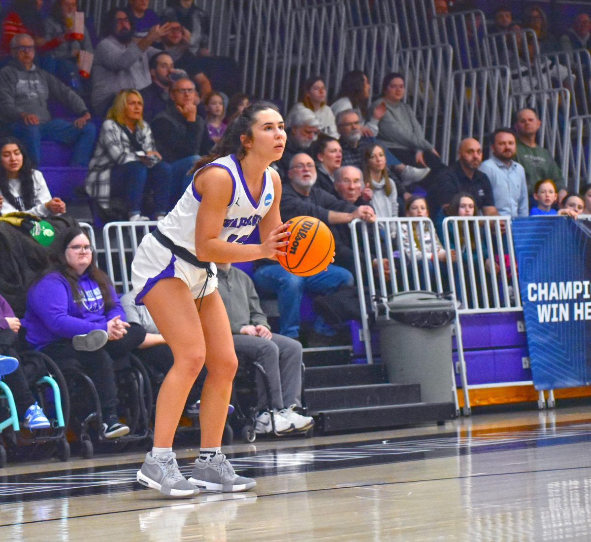 UW-Whitewater Women’s Basketball senior guard Kacie Carollo looks at the basket right before she shoots her shot against Principia College in the NCAA tournament on March 7th, 2025 in the Kachel Gymnasium.