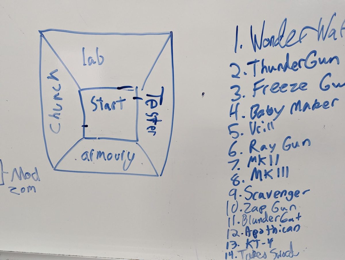 A whiteboard from a classroom where the Game Jam took place in October 2023, showing a schematic of a game students were making. (Fred Leighton & Brian Micheal)