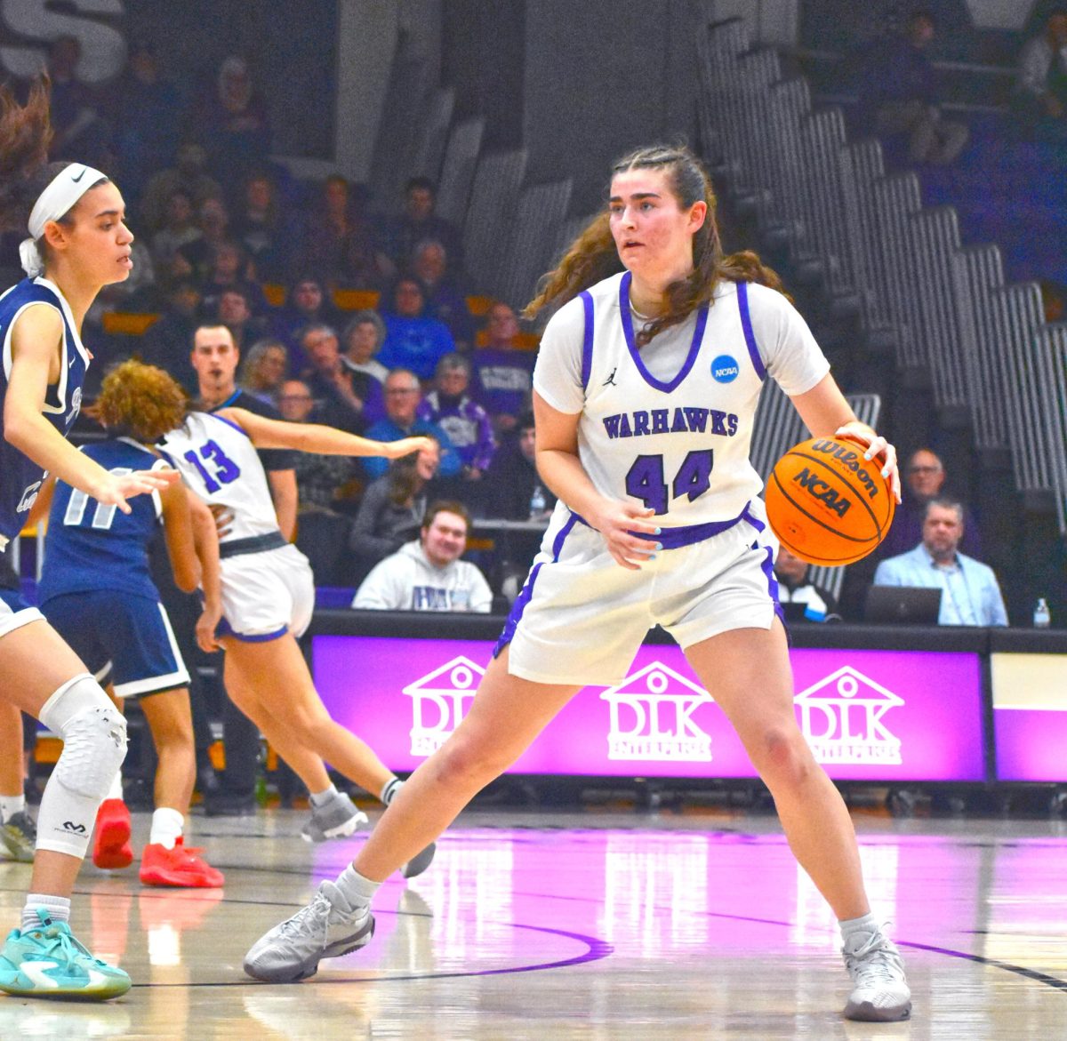 UW-Whitewater Women’s Basketball senior forward Katie Hildebrandt looks for an open pass or shot against Principia College in the NCAA tournament on March 7th, 2025 in the Kachel Gymnasium.