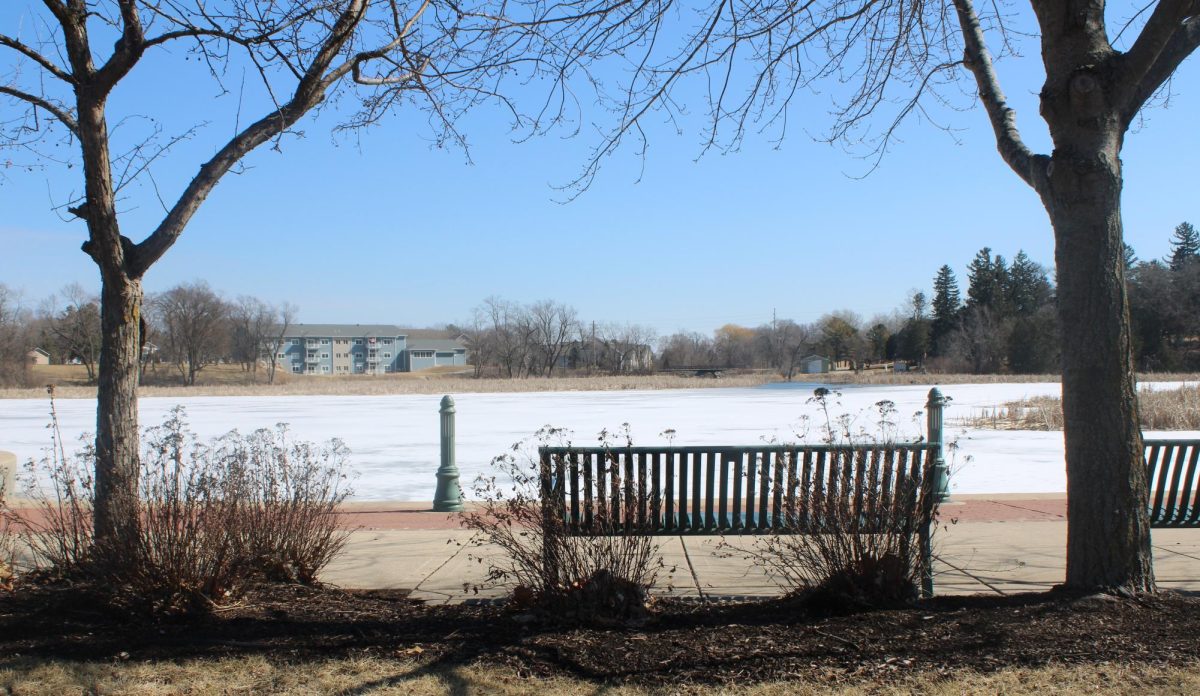 Between two trees sits a lonely park bench looking out onto the frozen, snow covered Cravath Lake at Whitewater’s Cravath Lakefront Park Mar. 8 2025.
