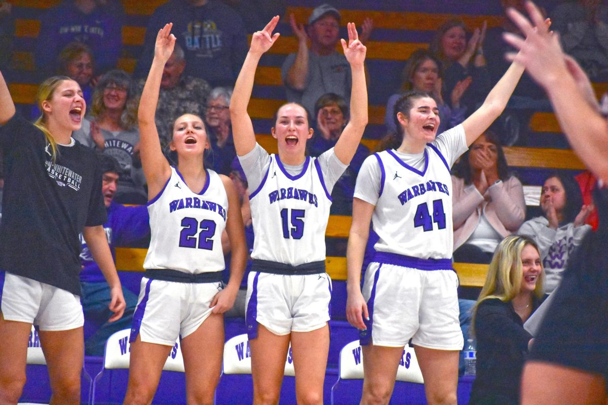 UW-Whitewater Women’s Basketball bench celebrates after advancing their score against UW-River Falls in the first round of the WIAC tournament on February 26th, 2025 in the Kachel Gymnasium. 