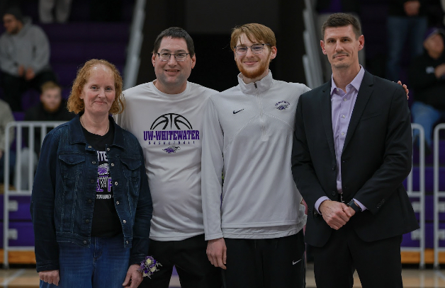 UW-Whitewater men’s basketball manager Dylan Mathiot poses for a picture on the team’s Senior Night against UW-Platteville Feb. 19, 2025.
(Courtesy of Dylan Mathiot)