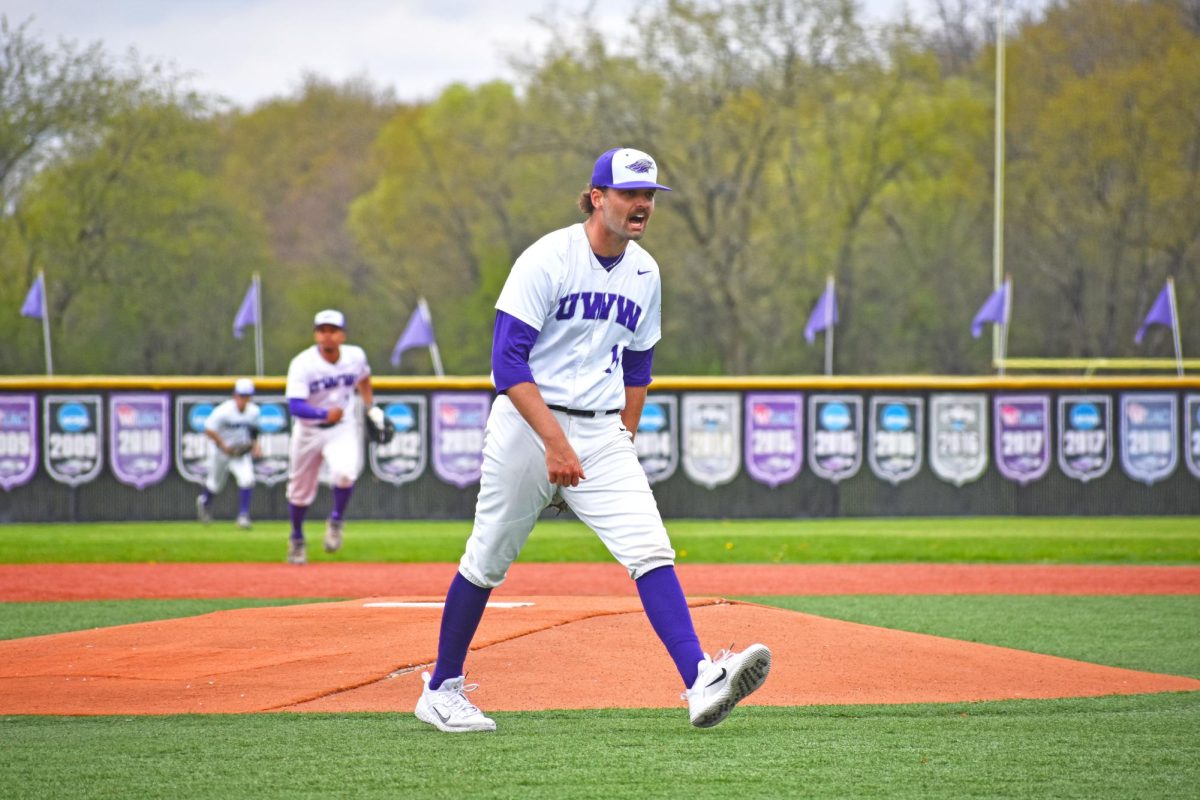 UW-Whitewater sophomore pitcher Jack Hagen celebrates after his last outing after five innings against UW-Platteville on May 2nd, 2025, at Prucha Field at Miller Stadium. 