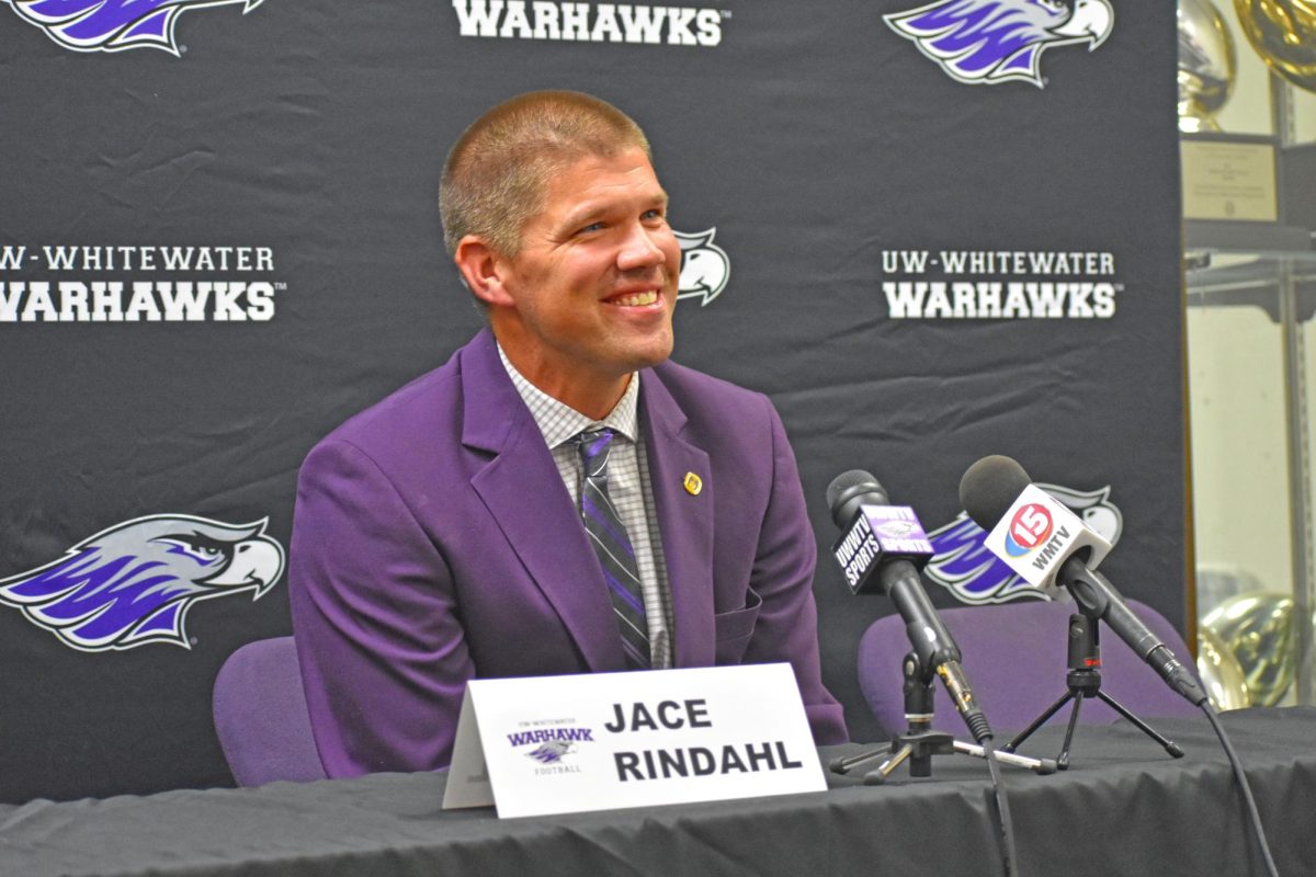 UW-Whitewater Football head coach Jace Rindahl answers questions from news outlets around Whitewater about the upcoming season at the UW-Whitewater Football Media Day on August 27th, 2025 at the Berezowitz Student Athletic Complex.