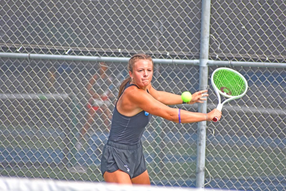 UW-Whitewater Women’s Tennis freshman, Kaitlyn Remke studies the ball to be hit against her singles opponent at the UW-Whitewater Women’s Tennis Warhawk Fall Invitational on August 30th, 2025 at the Warhawk Outdoor Tennis Complex.