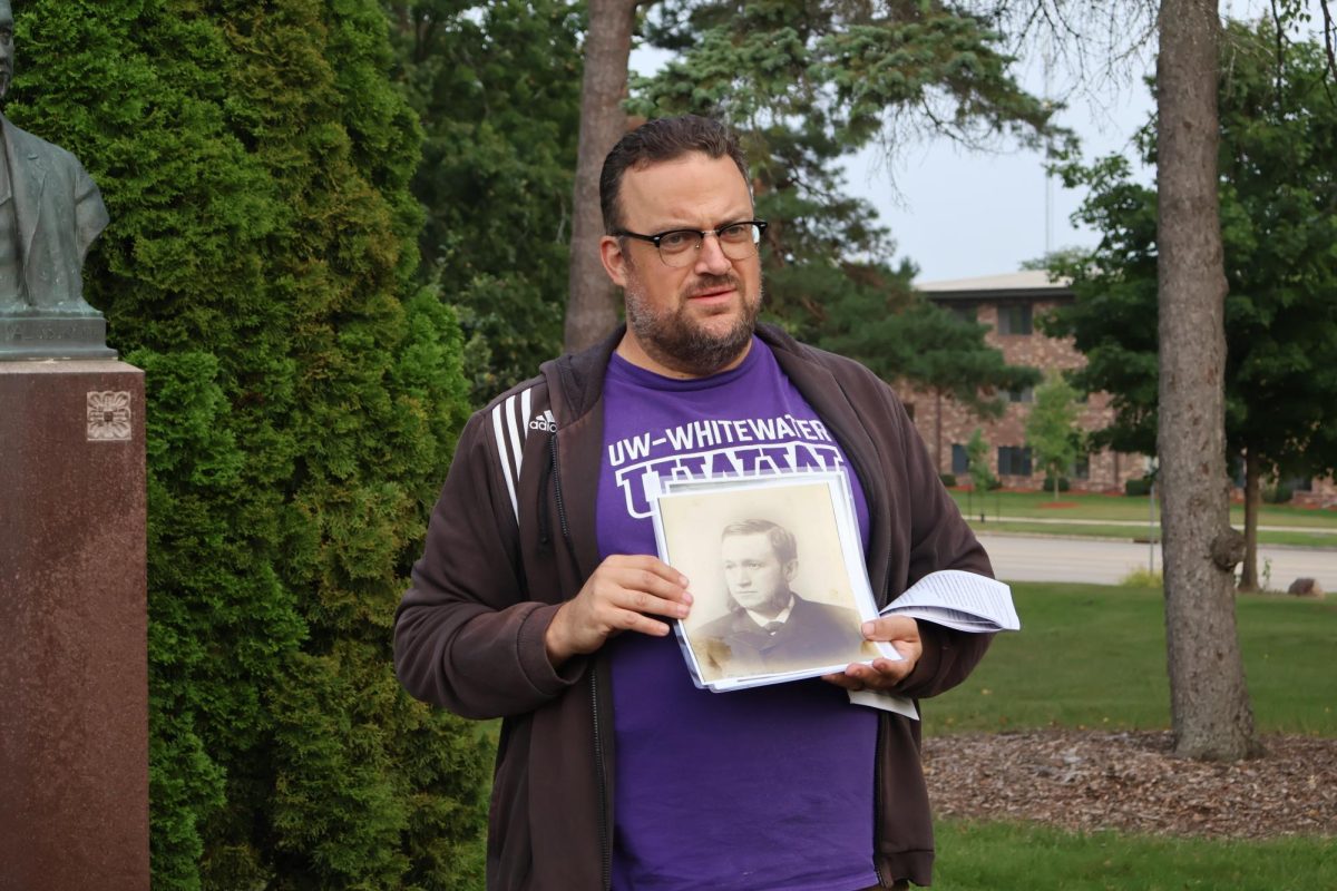 Sustainability Coordinator, Wes Enterline, after guiding the tour group to the bust of Albert Salisbury, shares a photo of the young Salisbury.
