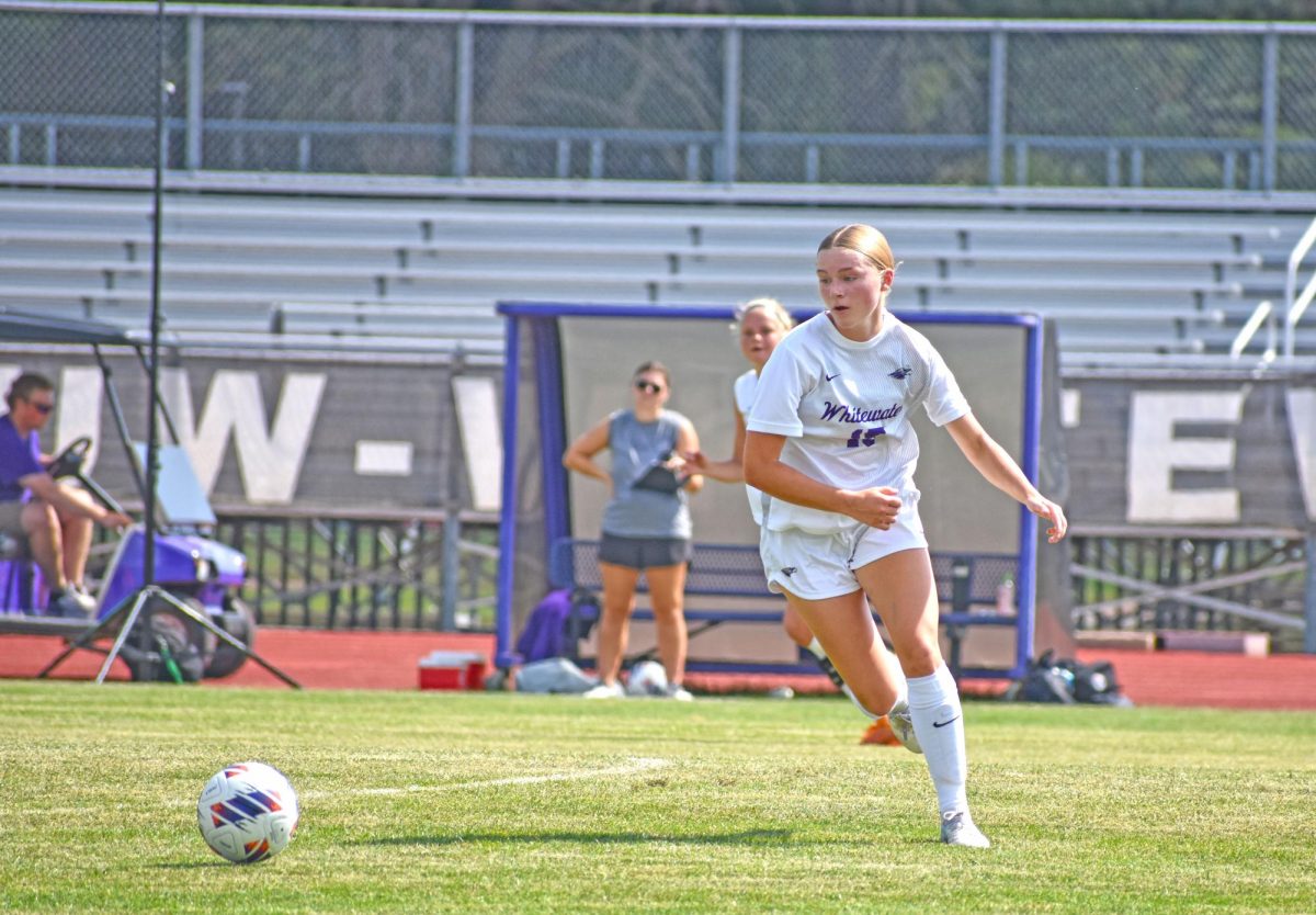 UW-Whitewater women’s soccer player freshman midfielder Emily Taylor travels the ball up the field to enhance a play against Bethel University on September 1st, 2025 at Fiskum Field. 