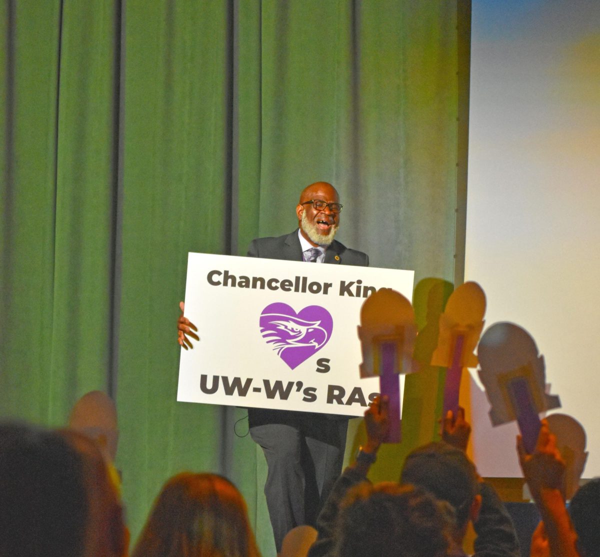 UW-Whitewater Chancellor Corey A. King celebrates as the resident assistants of UW-Whitewater celebrate his entrance into the Chancellor Celebration of 2025-2026 school year in the Hamilton Room at the James R. Connor University Center at UW-Whitewater on August 27th, 2025.