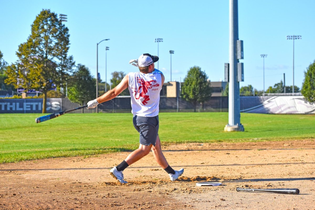  UW-Whitewater Club Baseball player swings his bat during batting practice to enhance his swing to prepare himself for Duel in the Dells at the UW-Whitewater practice fields on September 25th, 2025.

