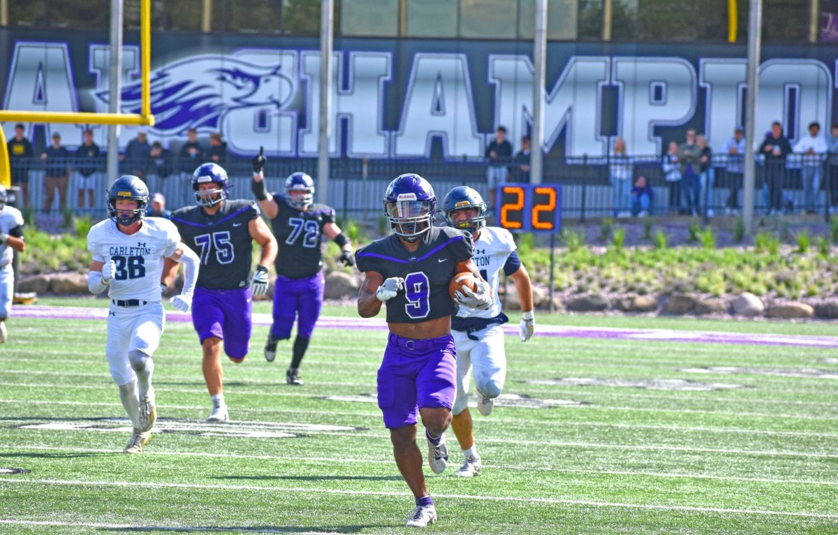 UW-Whitewater Football junior running back Brian Stanton sprints down the field to score a touchdown against Carleton College at Perkins Stadium September. 6, 2025.