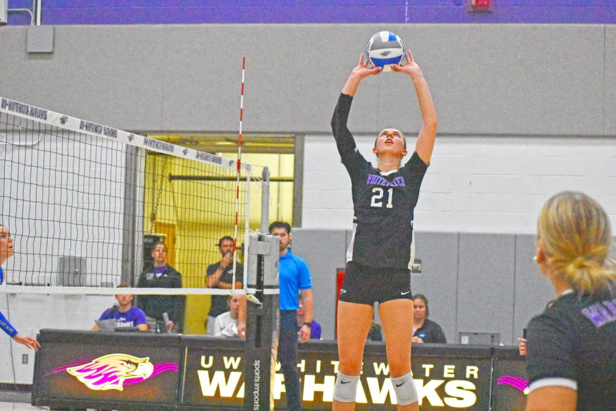  UW-Whitewater Volleyball junior setter Aubrie Krzus sets up a set to be ready to hit at UW-Whitewater Invite II against Illinois College on September 27th, 2025 at the Kris Russell Volleyball Arena.

