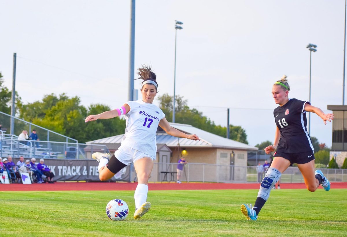 The UW-Whitewater women’s soccer senior Kaidence Horner shoots and scores her first goal of the season after being injured all year against Benedictine College on September 22nd, 2025 at Fiskum Field. 