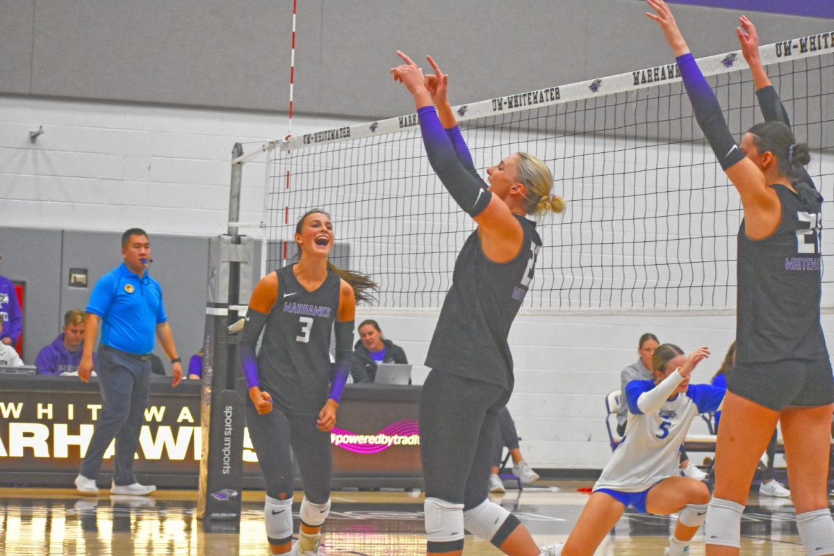 UW-Whitewater Volleyball junior Middle Hitter Abbie Dix celebrates with the team after winning set 3 against Concordia University on September 4th, 2025 at Kris Russell Volleyball Arena. 