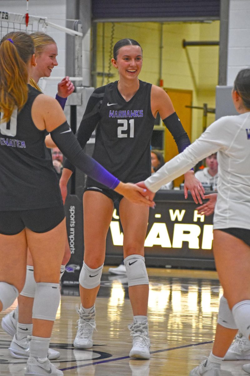 UW-Whitewater Volleyball junior setter Aubrie Krzus celebrates with the UW-Whitewater volleyball team on advancing their score against the University of Concordia-Wisconsin on September 5th, 2025 at Kris Russell Volleyball Arena.