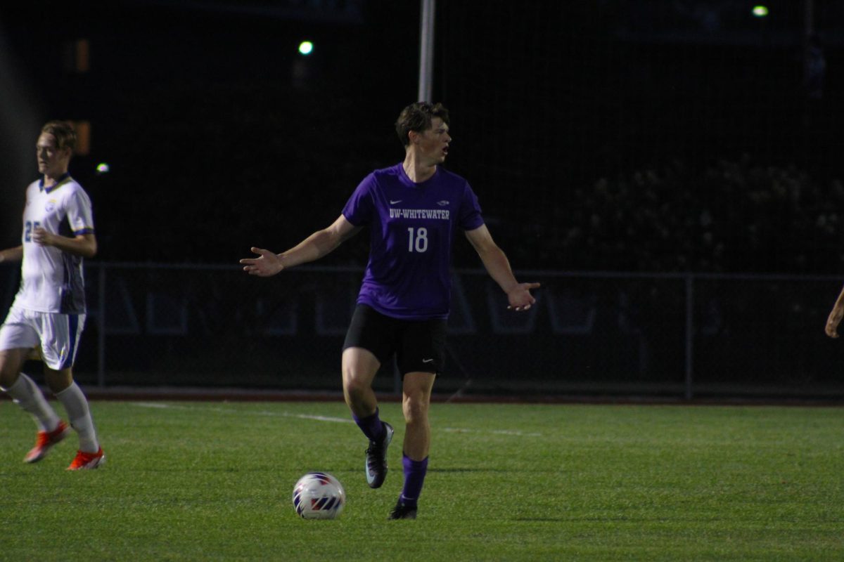 Junior forward Hayden Saul looks in confusion against North Park University (Illinois) Friday, Sept. 19 at Fiskum Field in Whitewater.