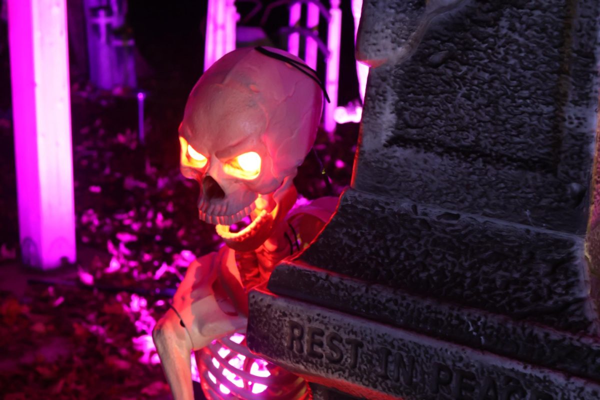 Lights emphasized the decorations at Nightmare on Woodfield Lane, including the orange and purple skeleton creeping behind the tombstone.
