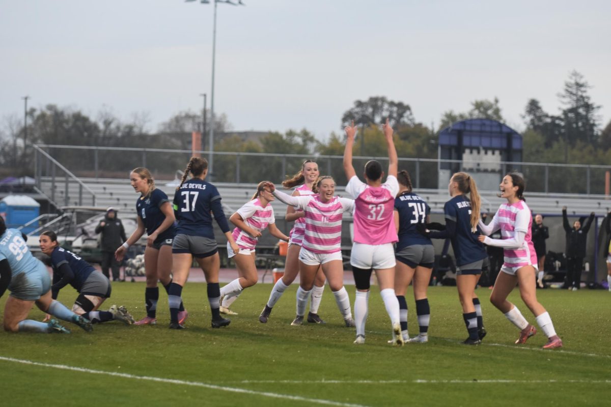 The UW-Whitewater women's soccer team celebrates after senior forward Summer Curtis scores against UW-Stout on Oct. 25th, 2025 at  Robert W. Fiskum Field.