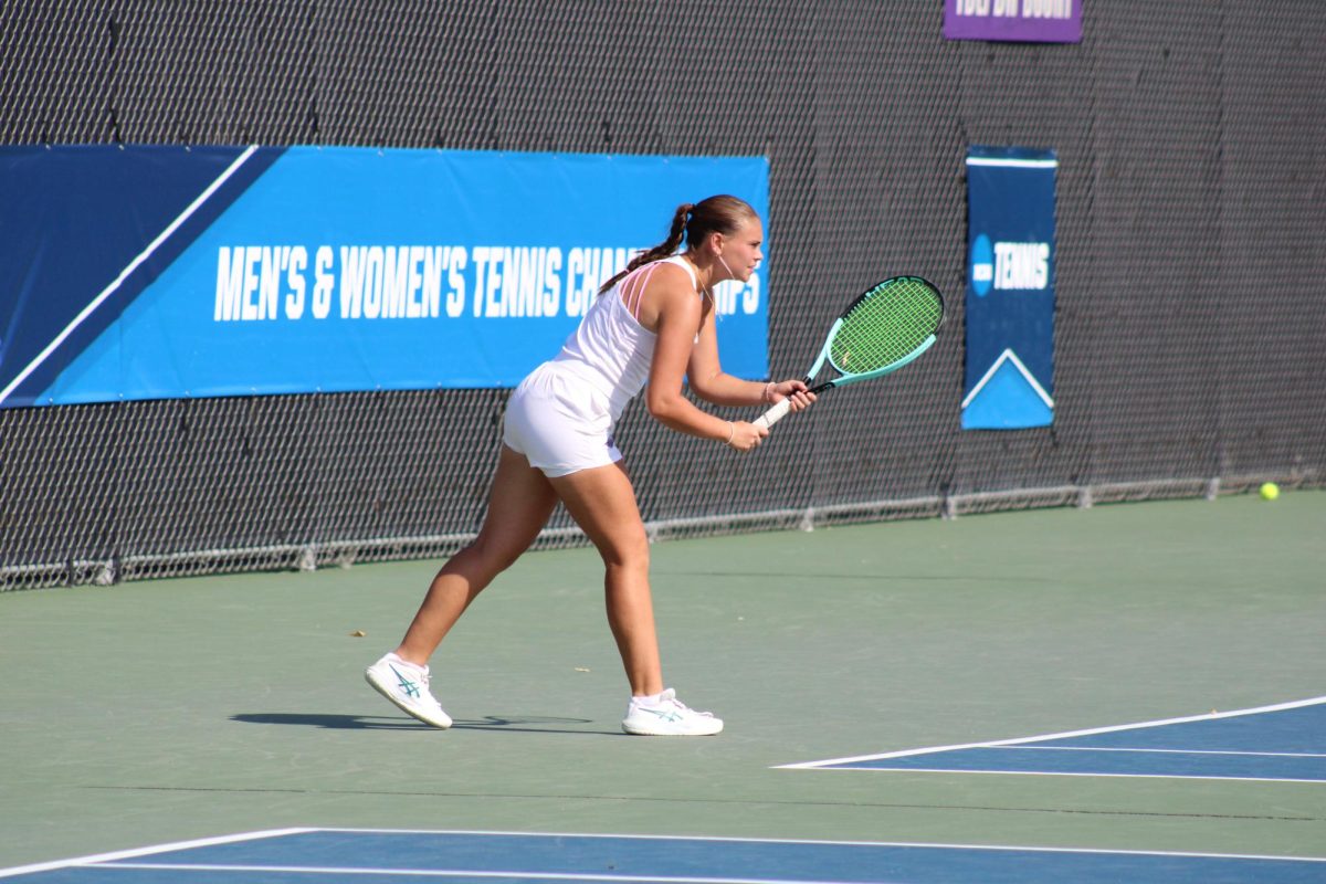 The UW-Whitewater sophomore Abigail Weaver preps herself to go against her opponent on Oct. 3rd 2025 at Wangerin Tennis Courts