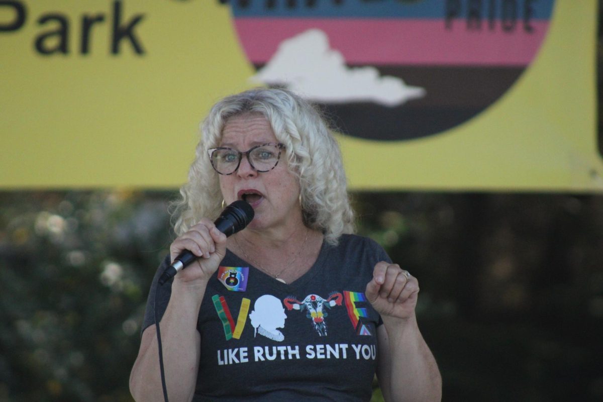 Rep. Brienne Brown gives a speech at the fifth-annual Whitewater Pride Rally Saturday, Oct. 4.