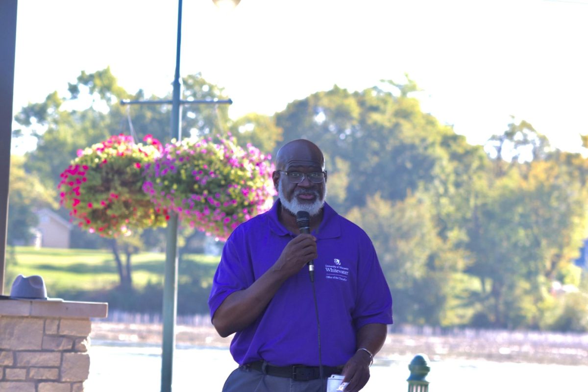 UW-Whitewater chancellor Corey King speaking for the Whitewater Pride Rally on October 4th,
2025.