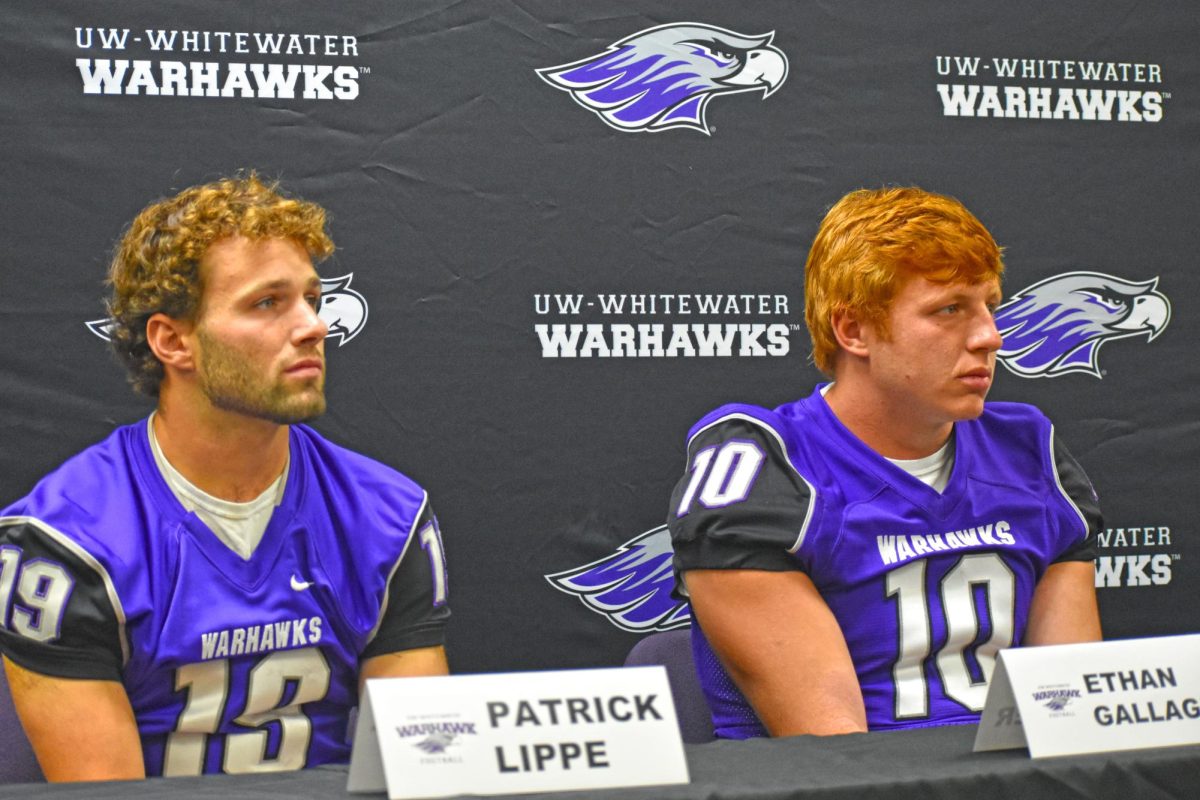 UW-Whitewater Football senior wide receiver Patrick Lippe and senior linebacker Ethan Galagher listen to reporters asking them questions about the upcoming season at the UW-Whitewater Football Media Day on August 27th, 2025 at the Berezowitz Student Athletic Complex.