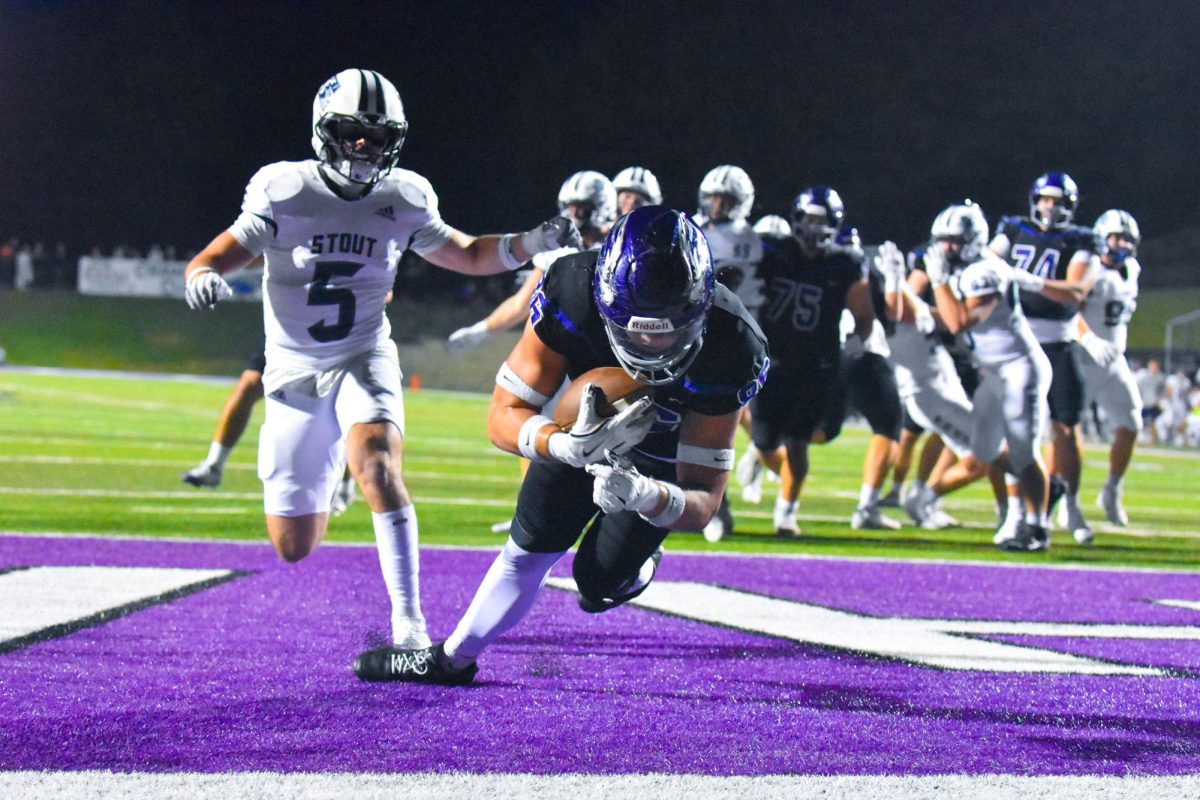 The UW-Whitewater sophomore tight end Collin Fritts scores in the end zone against UW-Stout on Oct. 17, 2025, at Perkins Stadium.