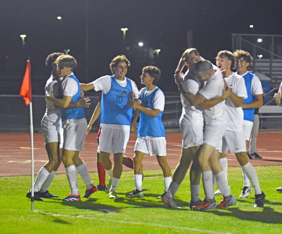 The UW-Whitewater soccer team celebrates after junior forward Aidan Glancey scores against UW-Stevens Point at Robert W. Fiskum Field on Oct. 4th 2025.
