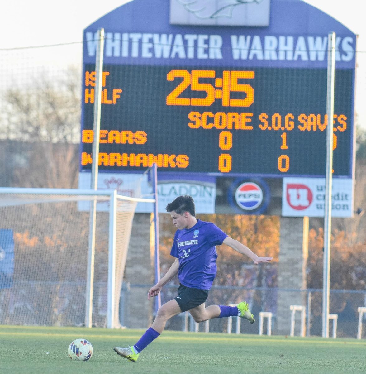 The UW-Whitewater men’s soccer freshman midfielder Tyler Chrisman shoots a free kick to try to score against WashU on Nov. 15, 2025 at Robert Fiskum Field.

