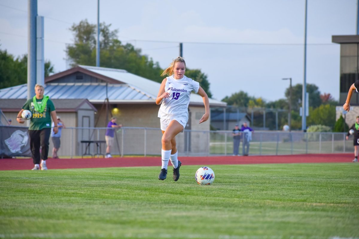  The UW-Whitewater women’s soccer sophomore forward Jenna Laidlaw dribbles the ball up the field as she tries to score against Benedictine University on Sept. 22, 2025 at Robert Fiskum Field.
